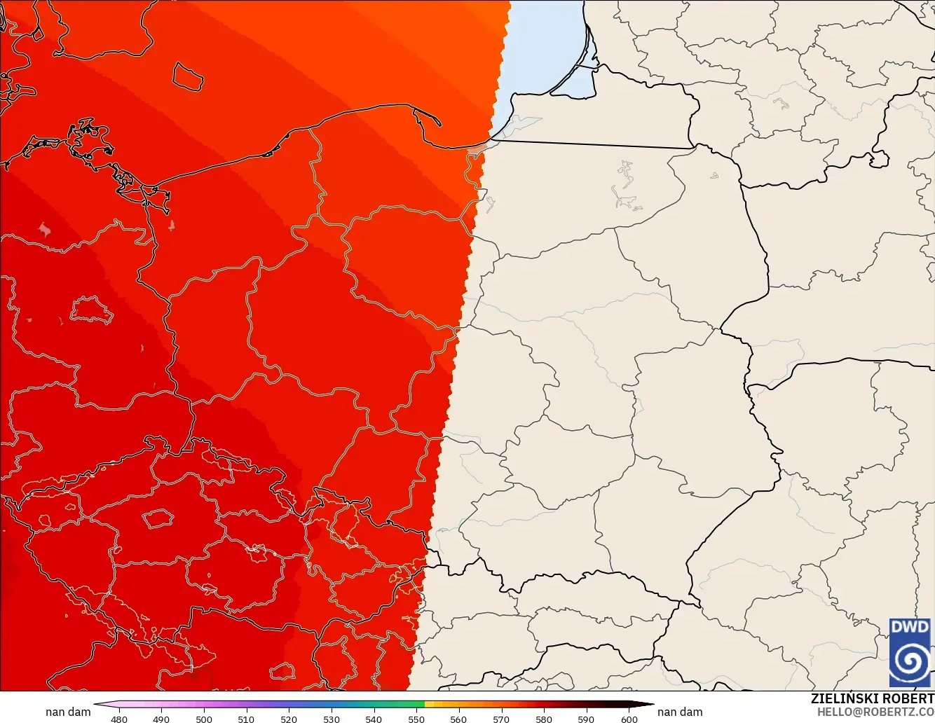 ICON Germany 2 km model - Poland, Geopotential height at 500hPa