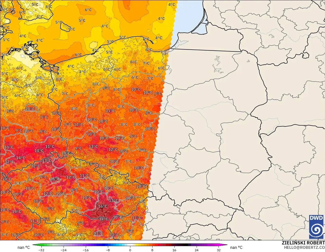 ICON Germany 2 km model - Poland, Temperature at 2m Anomaly