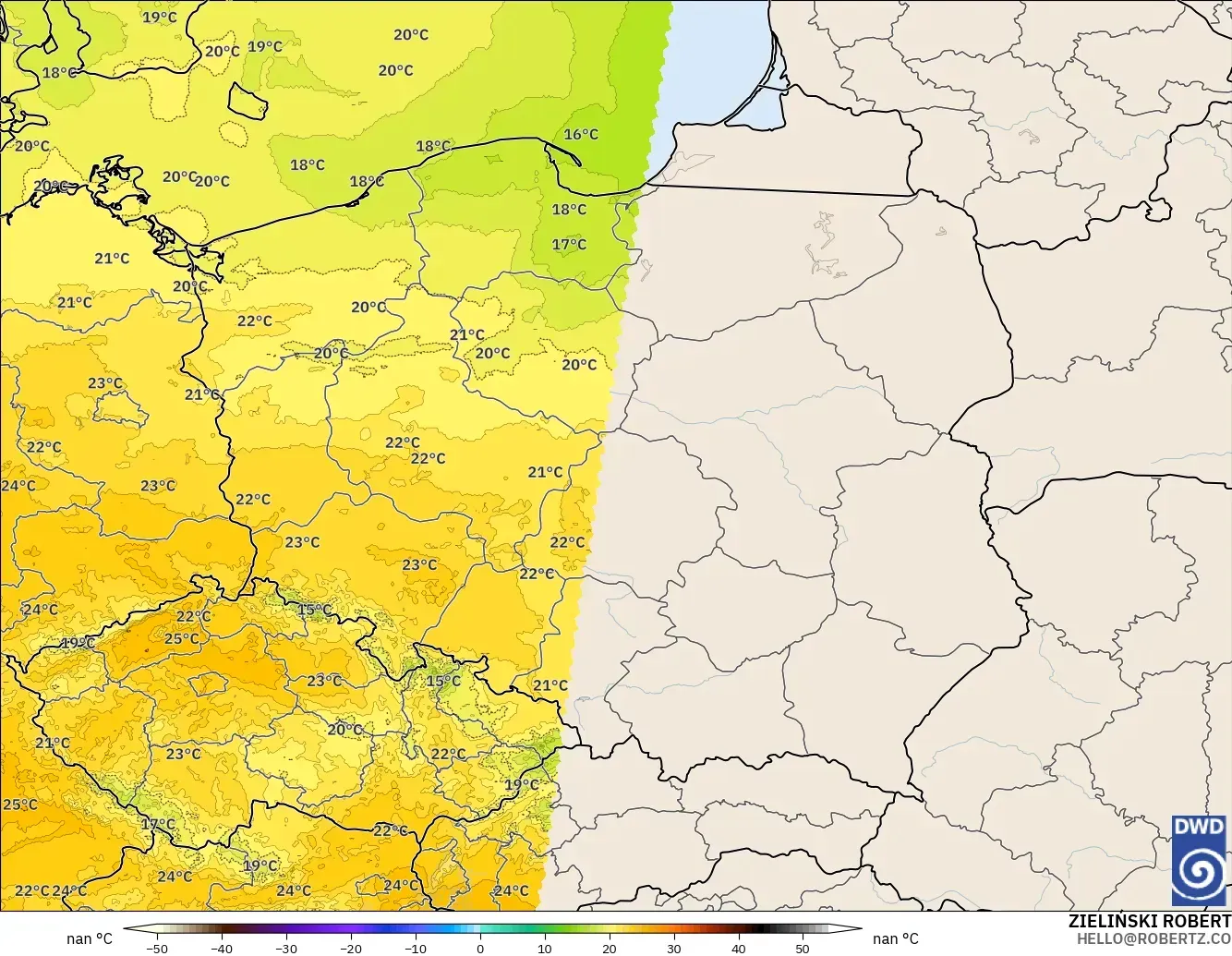 ICON Germany 2 km model - Poland, Temperature at 850hPa