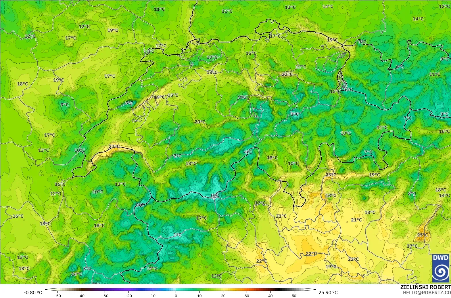 ICON Germany 2 km model - Switzerland, Dewpoint at 2m