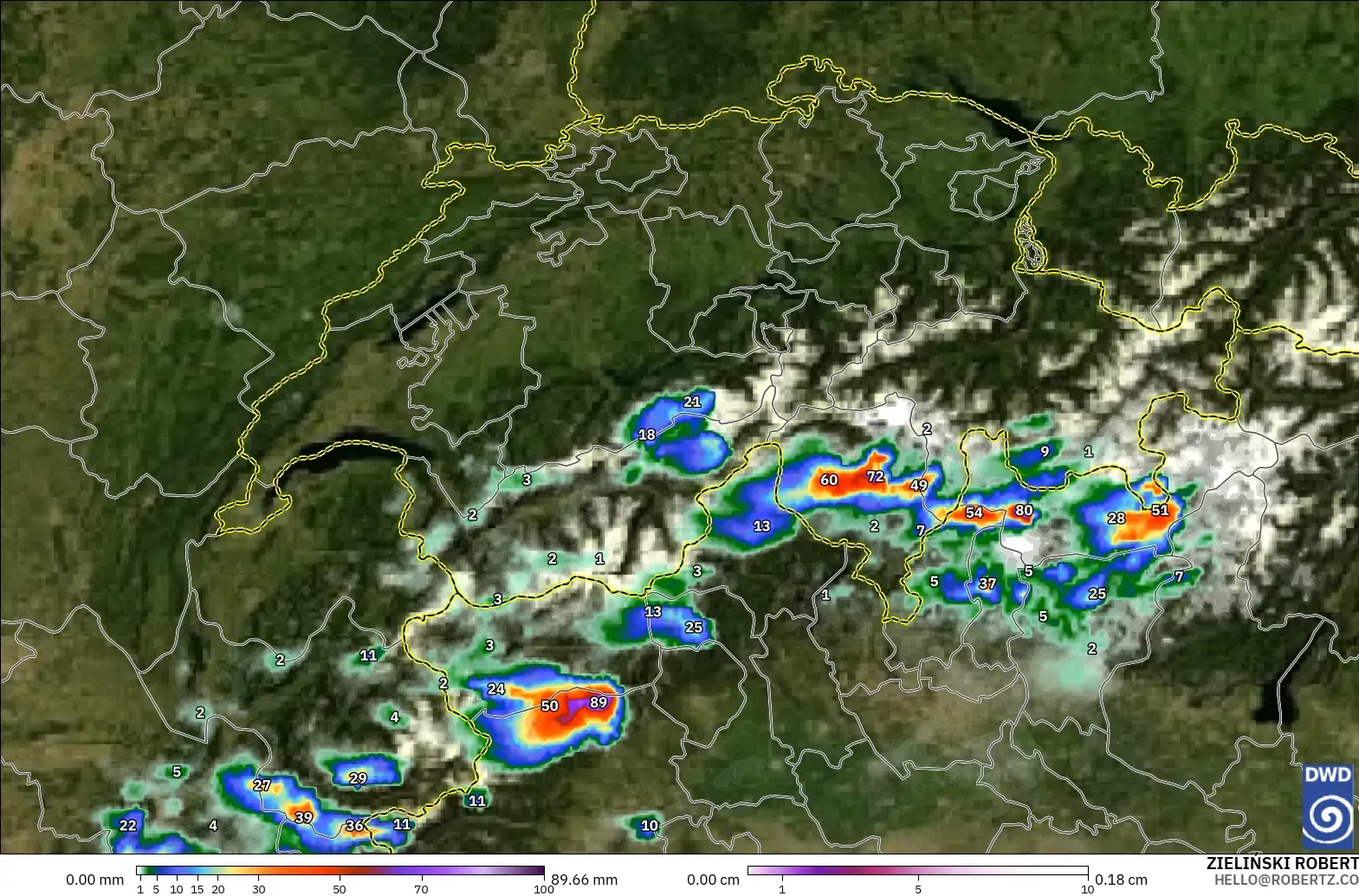 ICON Germany 2 km model - Switzerland, Precipitation, Clouds, and Pressure