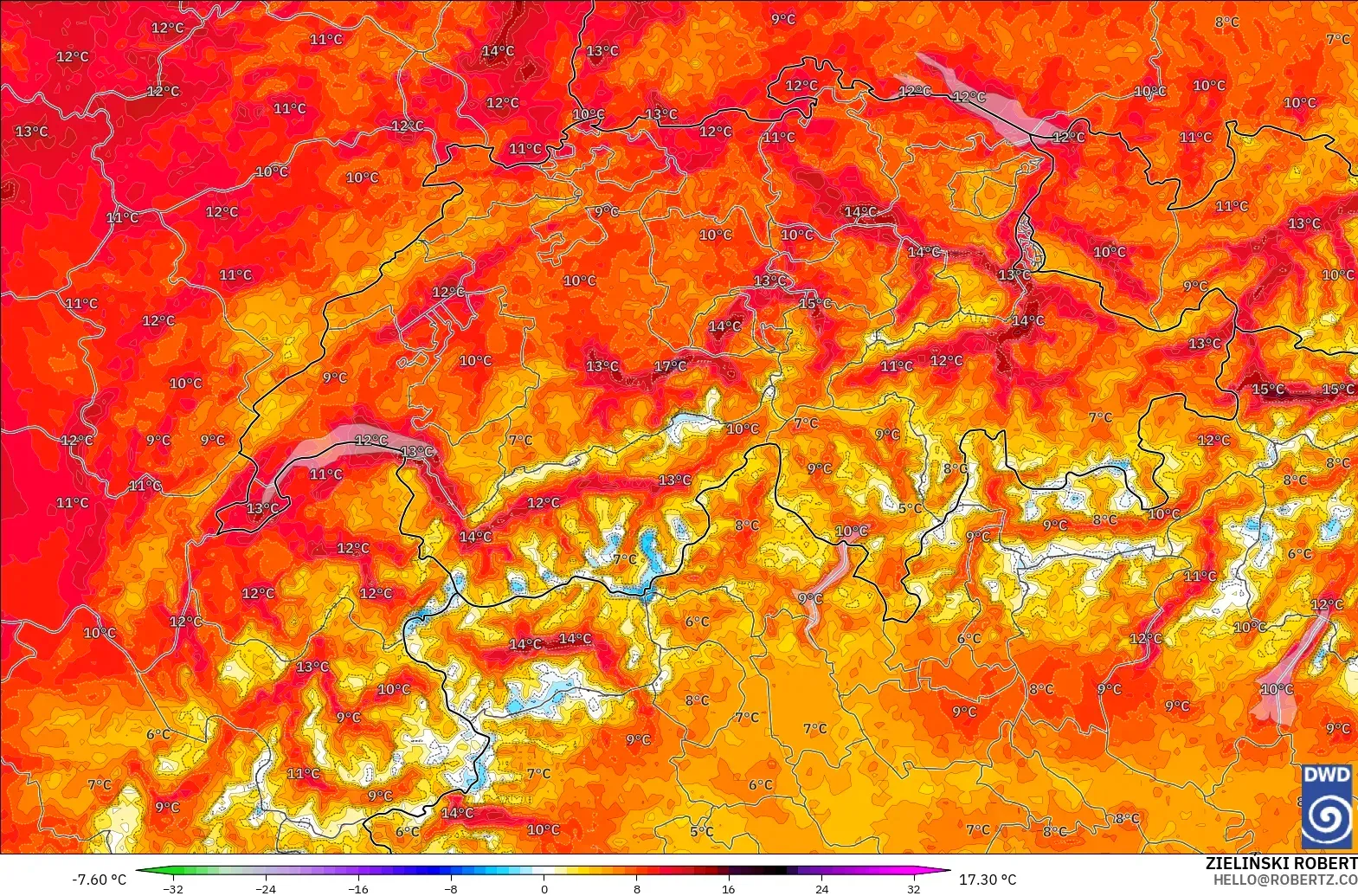 ICON Germany 2 km model - Switzerland, Temperature at 2m Anomaly