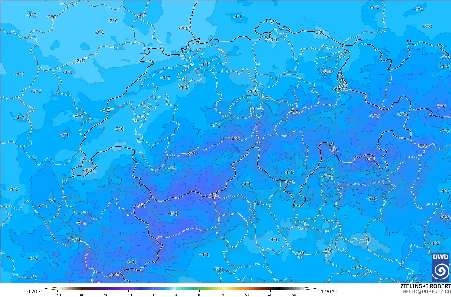 ICON Germany 2 km model - Switzerland, Temperature at 500hPa