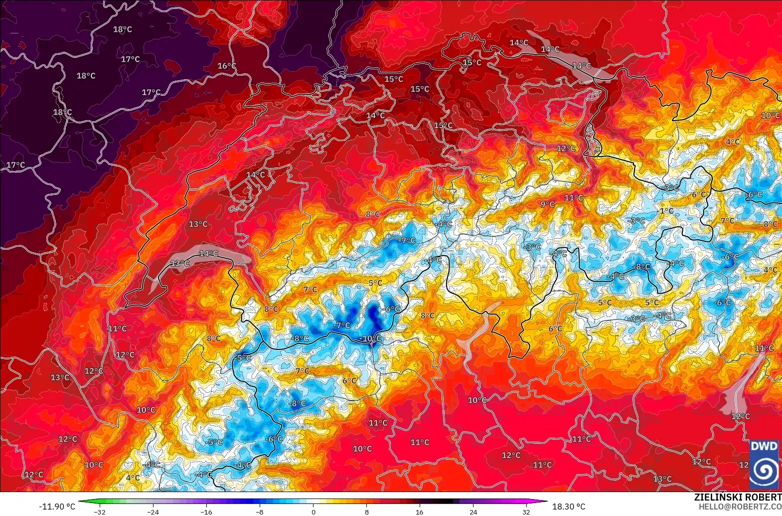 ICON Germany 2 km model - Switzerland, Temperature at 850hPa Anomaly