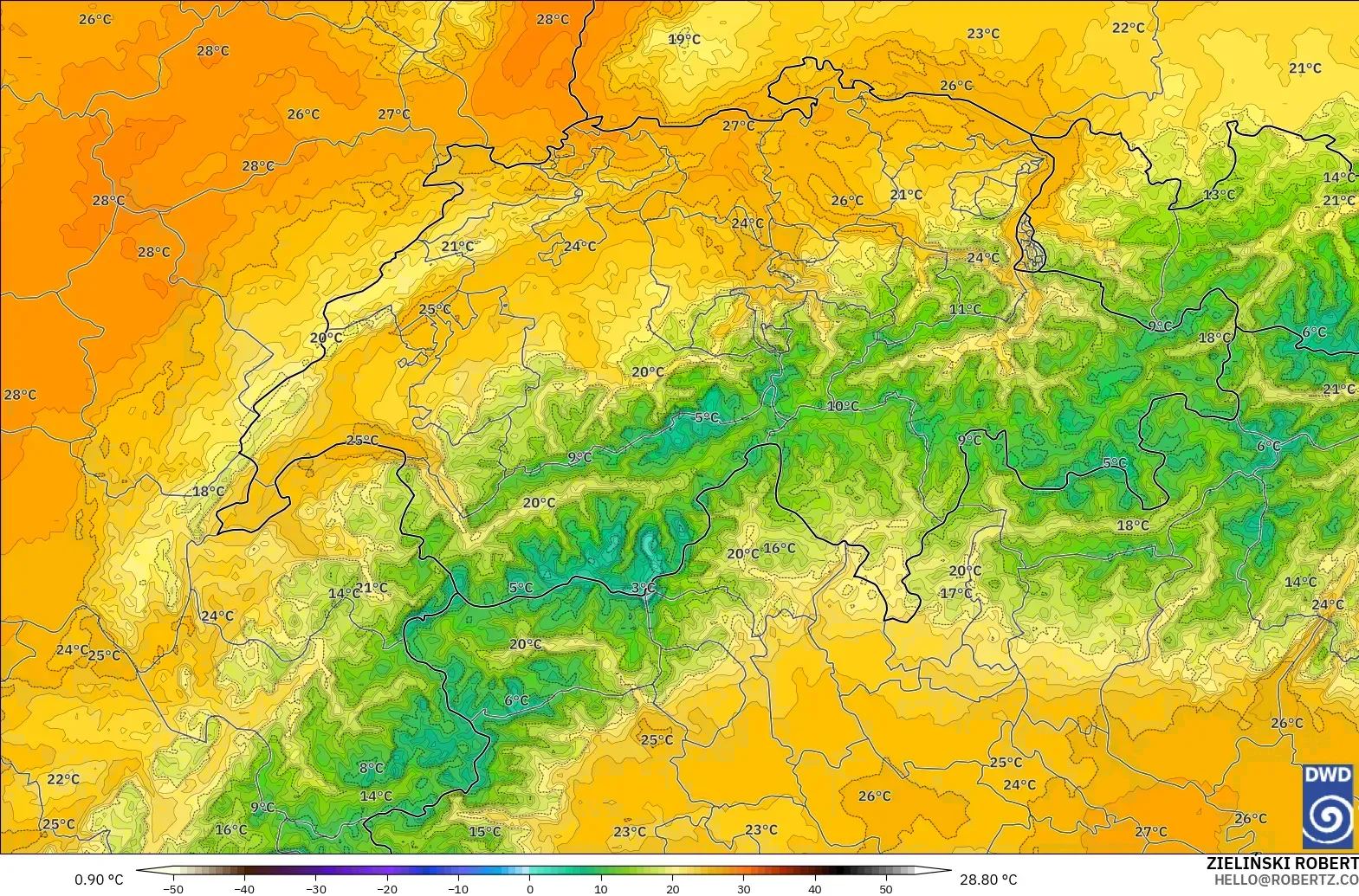 ICON Germany 2 km model - Switzerland, Temperature at 850hPa