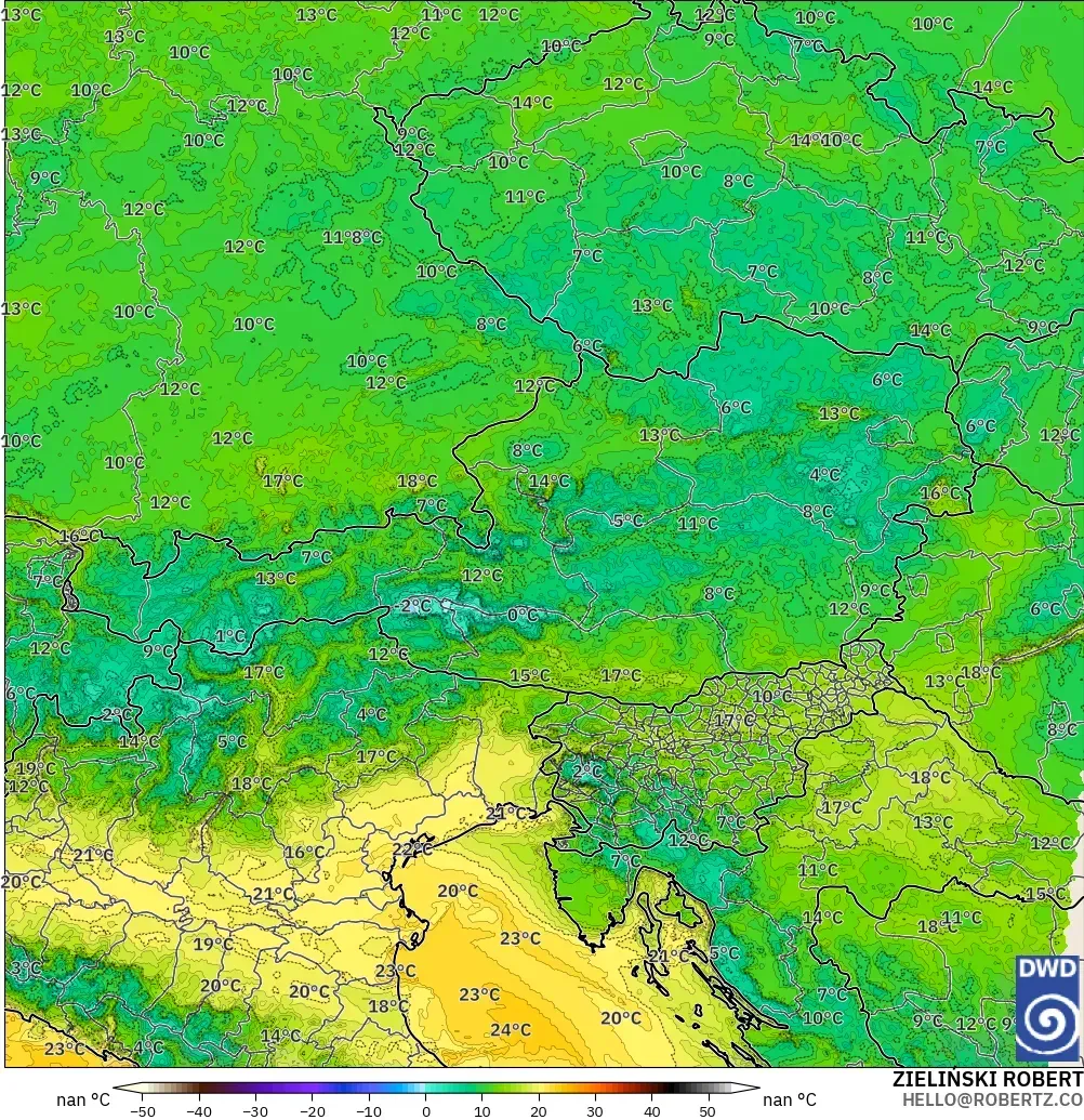 ICON Germany 2 km model - Austria, Dewpoint at 2m