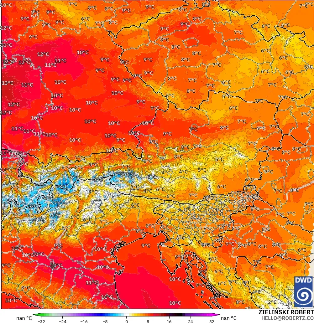 ICON Germany 2 km model - Austria, Temperature at 850hPa Anomaly