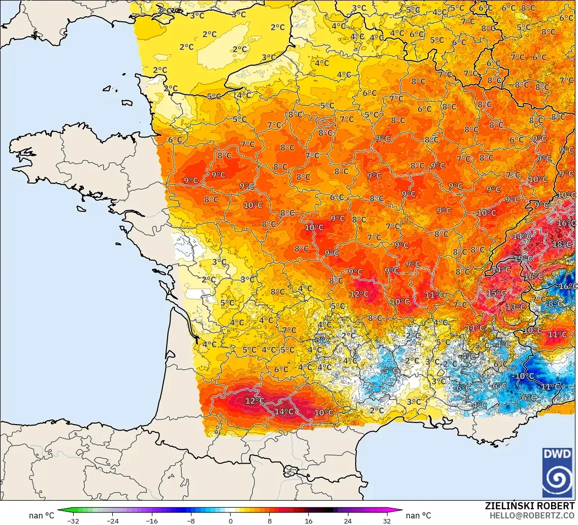 ICON Germany 2 km model - France, Temperature at 2m Anomaly