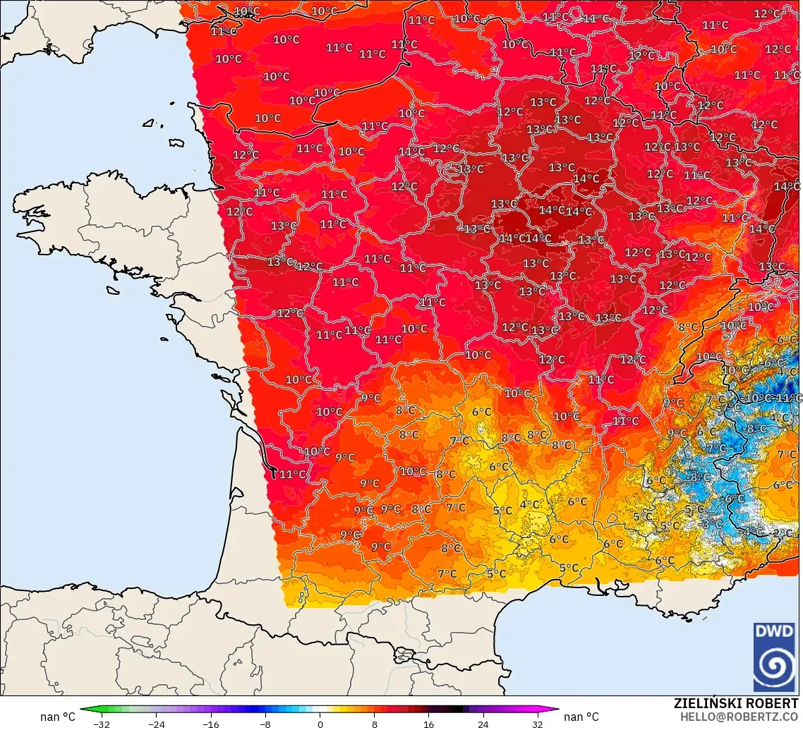 ICON Germany 2 km model - France, Temperature at 850hPa Anomaly
