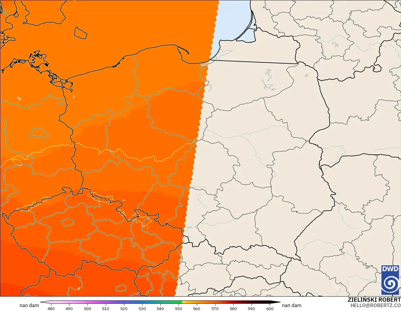 ICON Germany 2 km model - Poland, Geopotential height at 500hPa