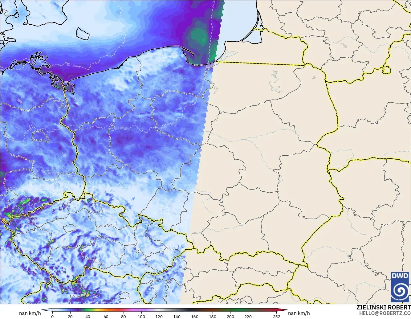 ICON Germany 2 km model - Poland, Wind Gusts Peak
