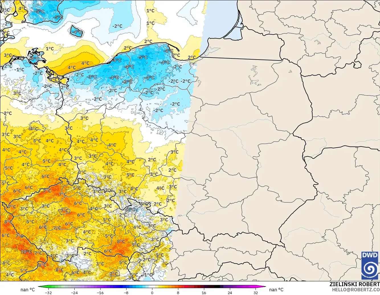 ICON Germany 2 km model - Poland, Temperature at 2m Anomaly