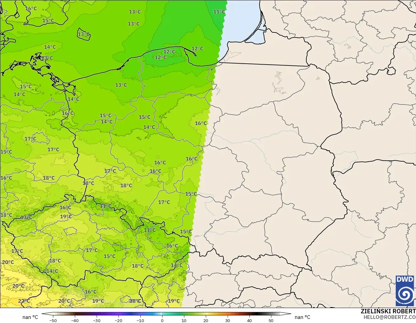 ICON Germany 2 km model - Poland, Temperature at 850hPa