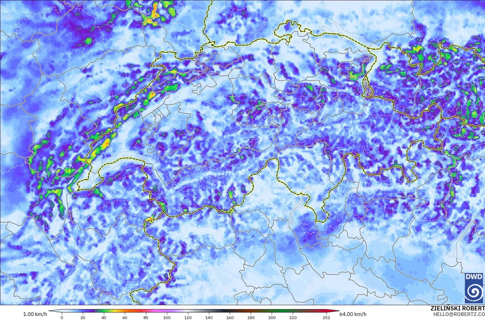 ICON Germany 2 km model - Switzerland, Wind Gusts Peak