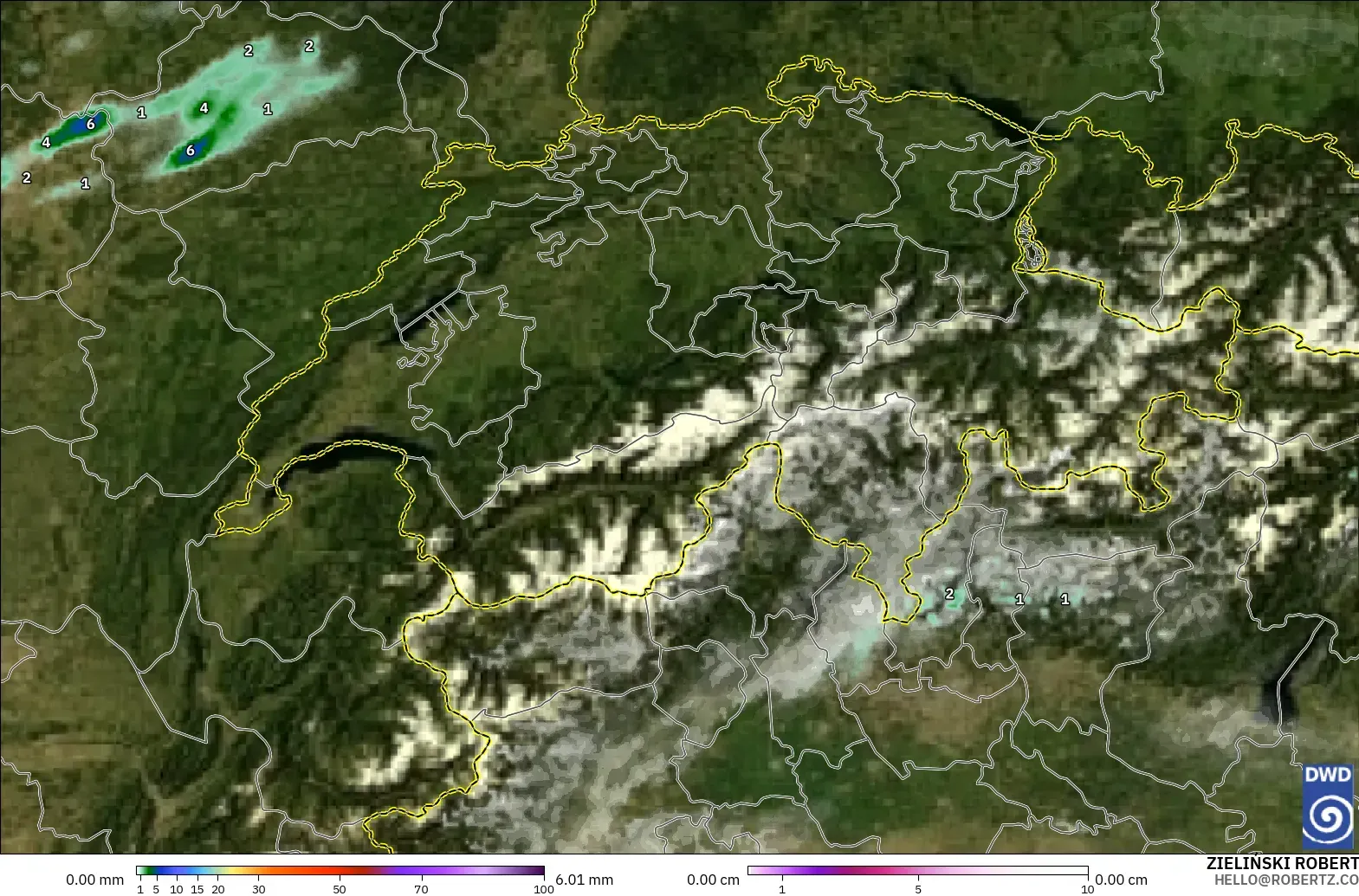 ICON Germany 2 km model - Switzerland, Precipitation, Clouds, and Pressure