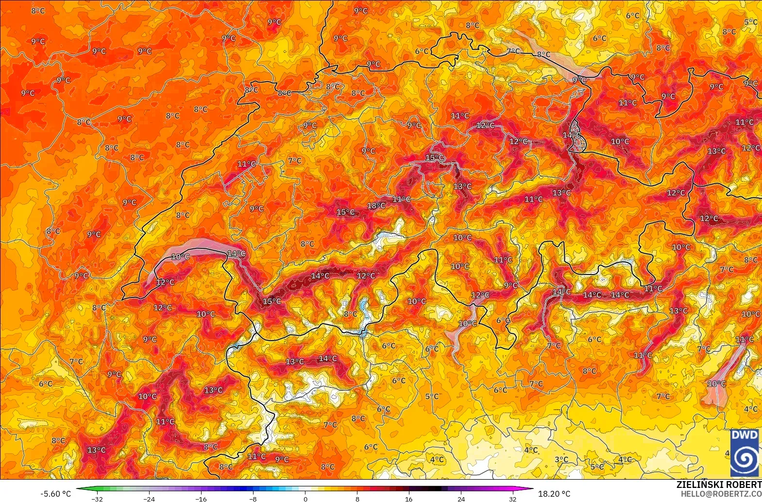 ICON Germany 2 km model - Switzerland, Temperature at 2m Anomaly