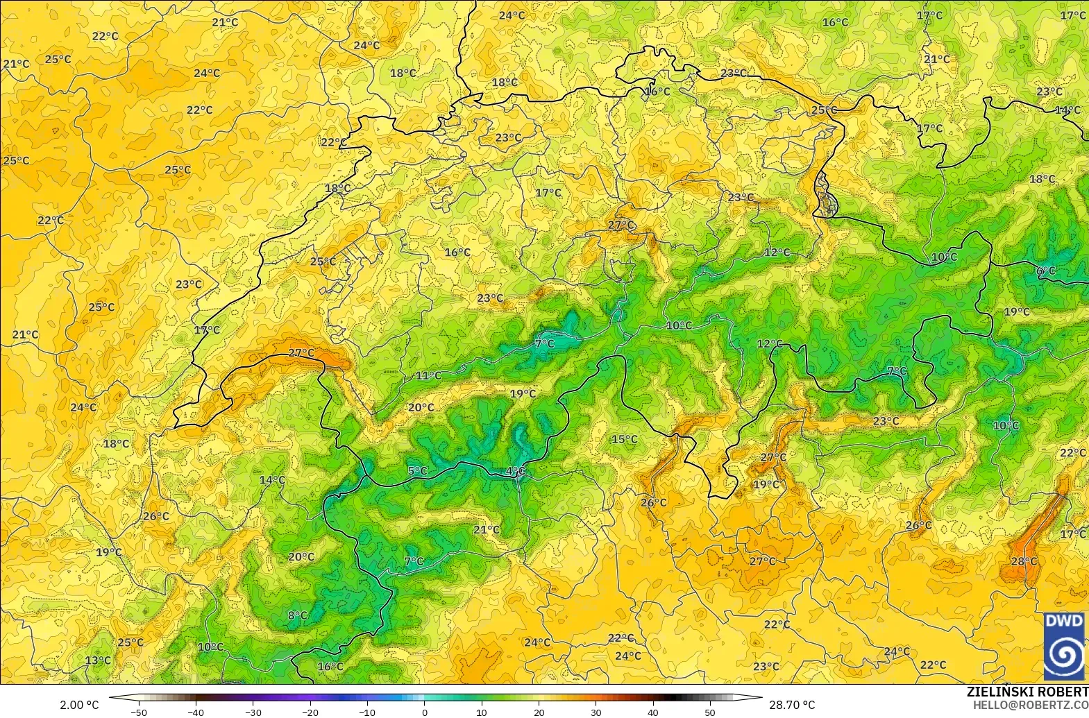 ICON Germany 2 km model - Switzerland, Temperature at 2m