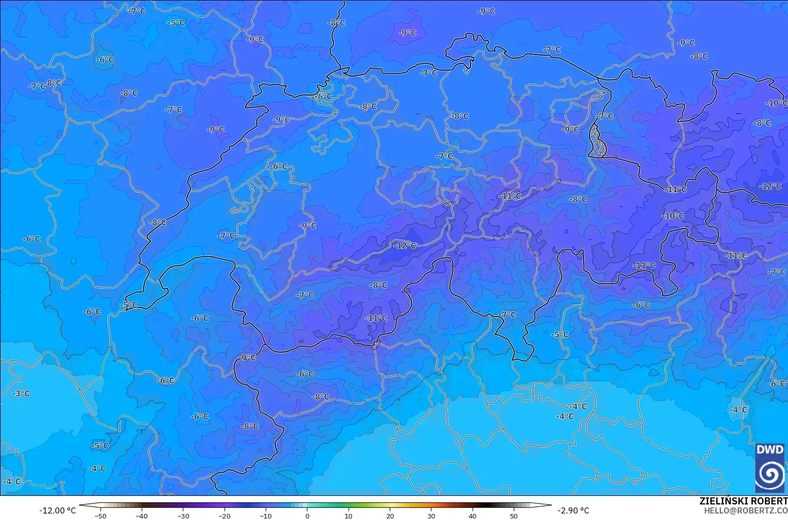 ICON Germany 2 km model - Switzerland, Temperature at 500hPa