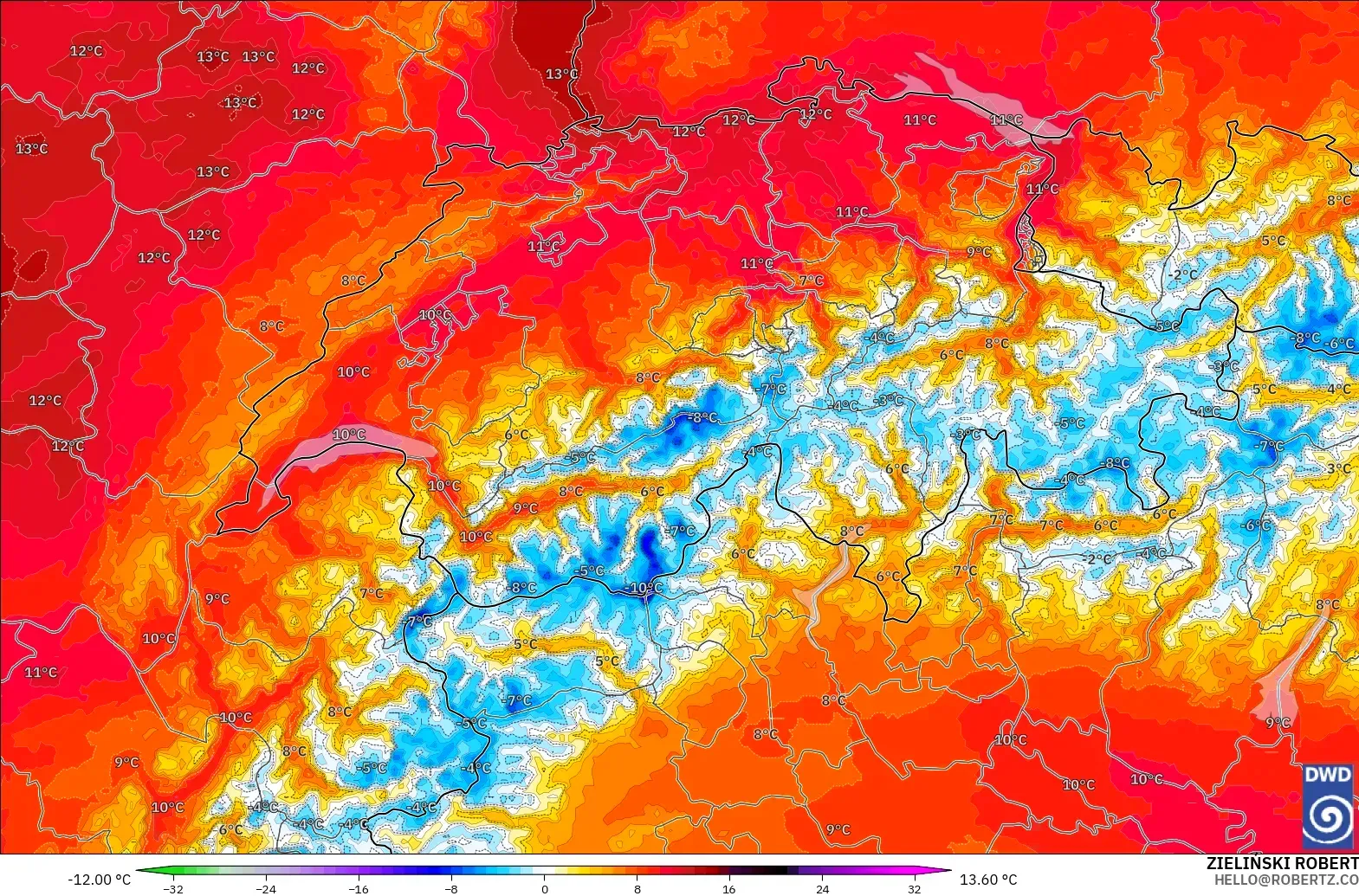 ICON Germany 2 km model - Switzerland, Temperature at 850hPa Anomaly
