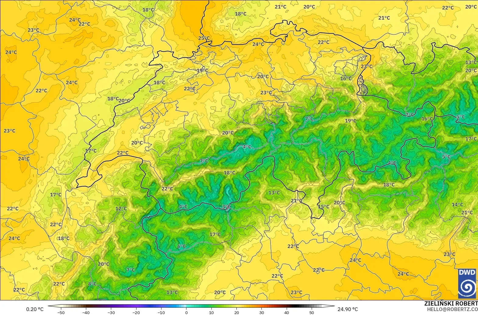 ICON Germany 2 km model - Switzerland, Temperature at 850hPa