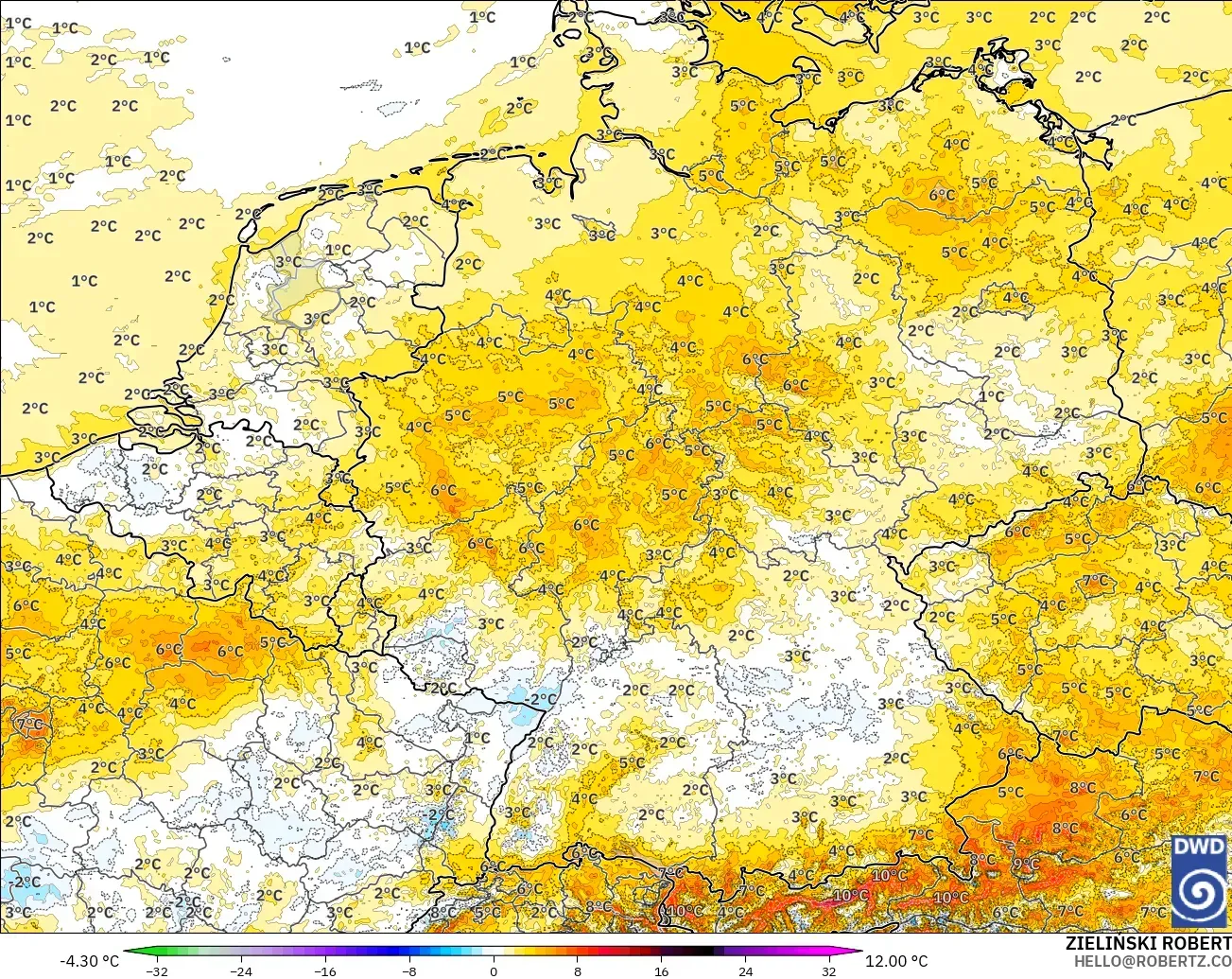 ICON Germany 2 km model - Germany, Temperature at 2m Anomaly