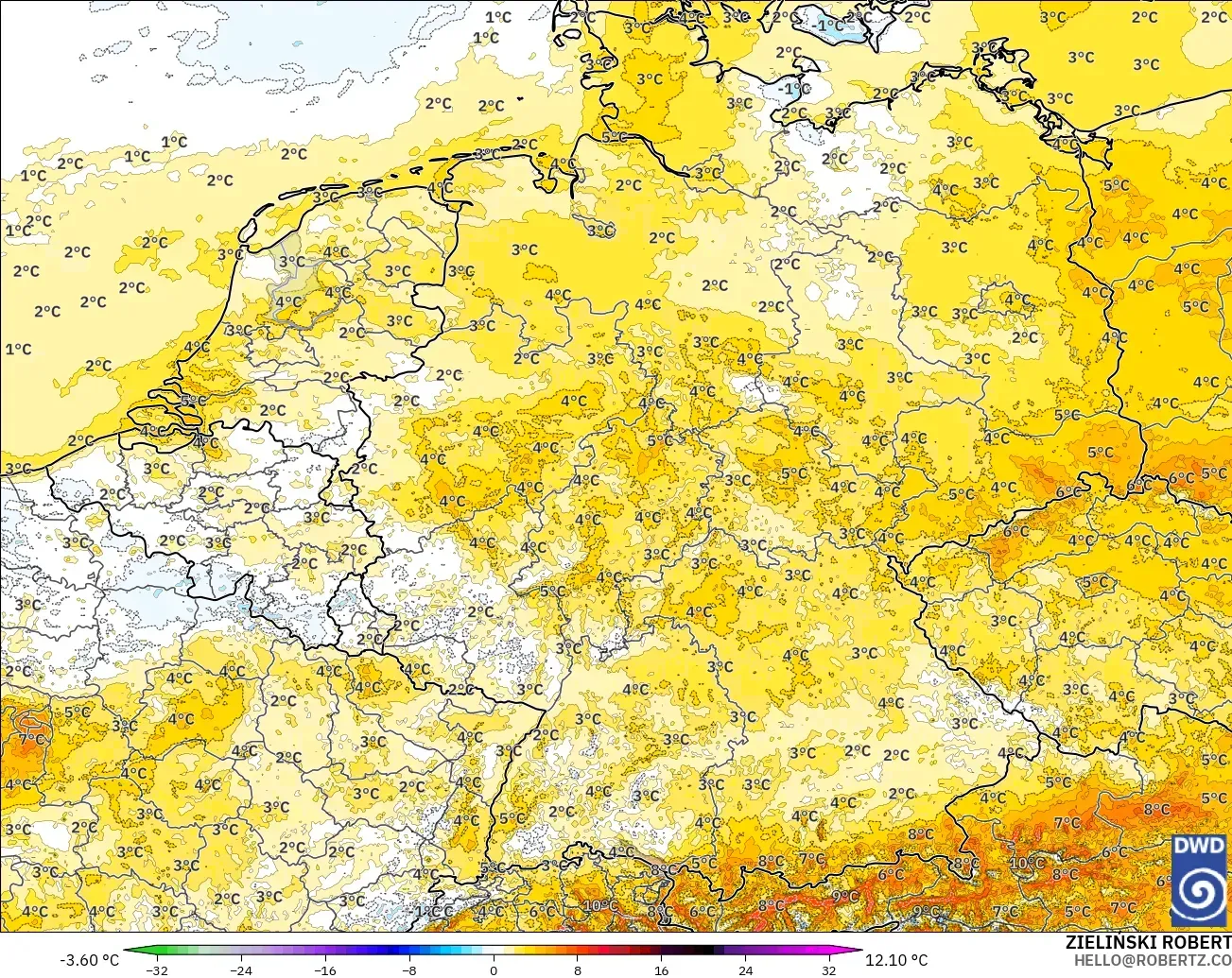 ICON Germany 2 km model - Germany, Temperature at 2m Anomaly