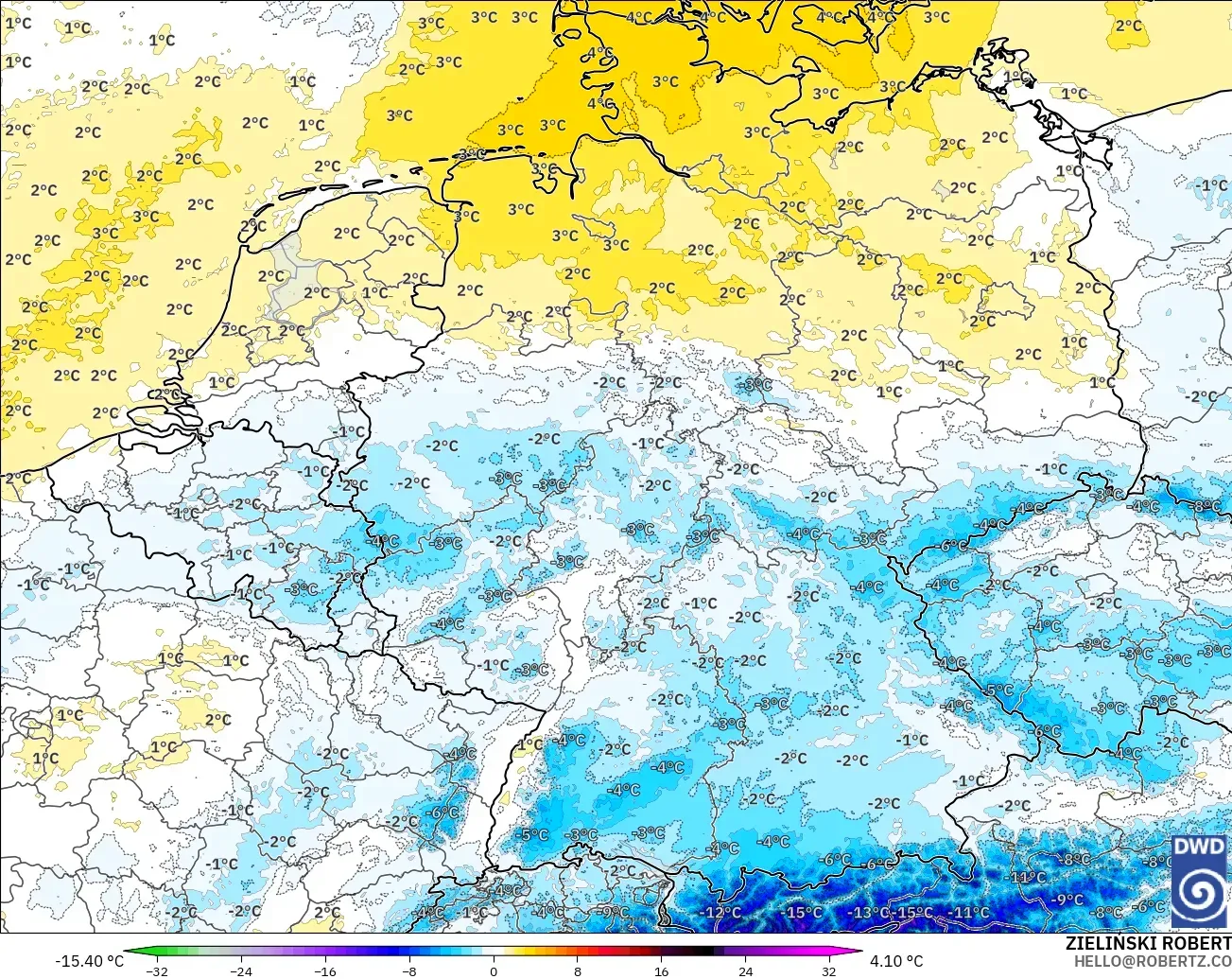 ICON Germany 2 km model - Germany, Temperature at 850hPa Anomaly