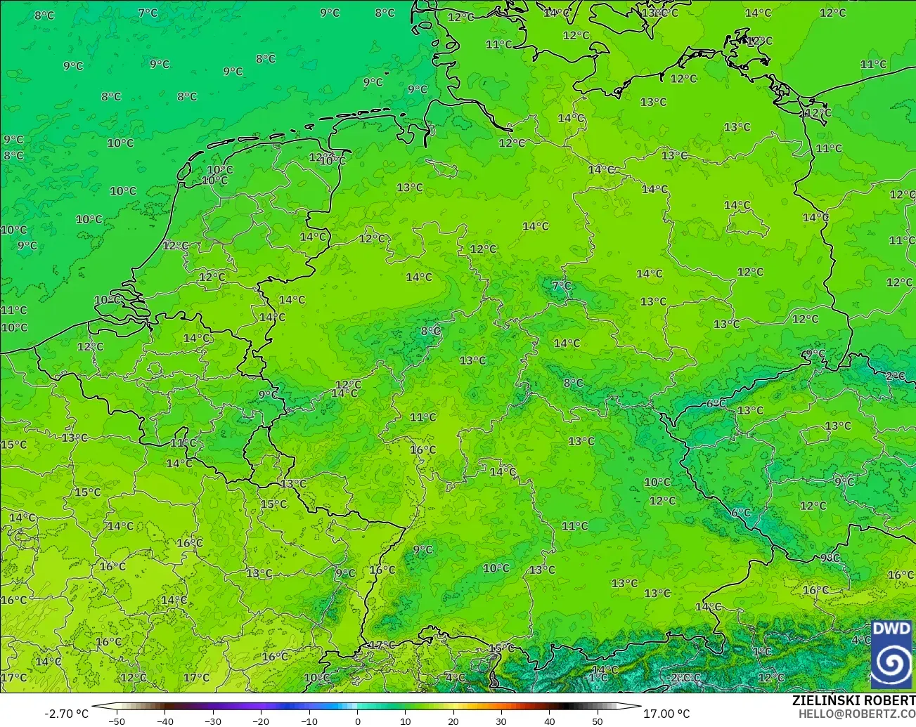 ICON Germany 2 km model - Germany, Temperature at 850hPa