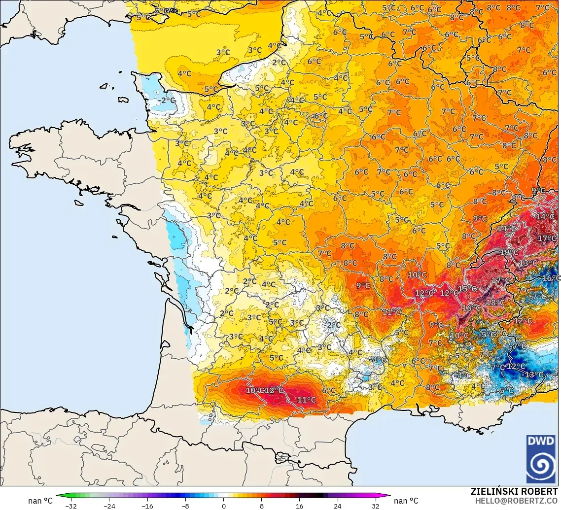 ICON Germany 2 km model - France, Temperature at 2m Anomaly