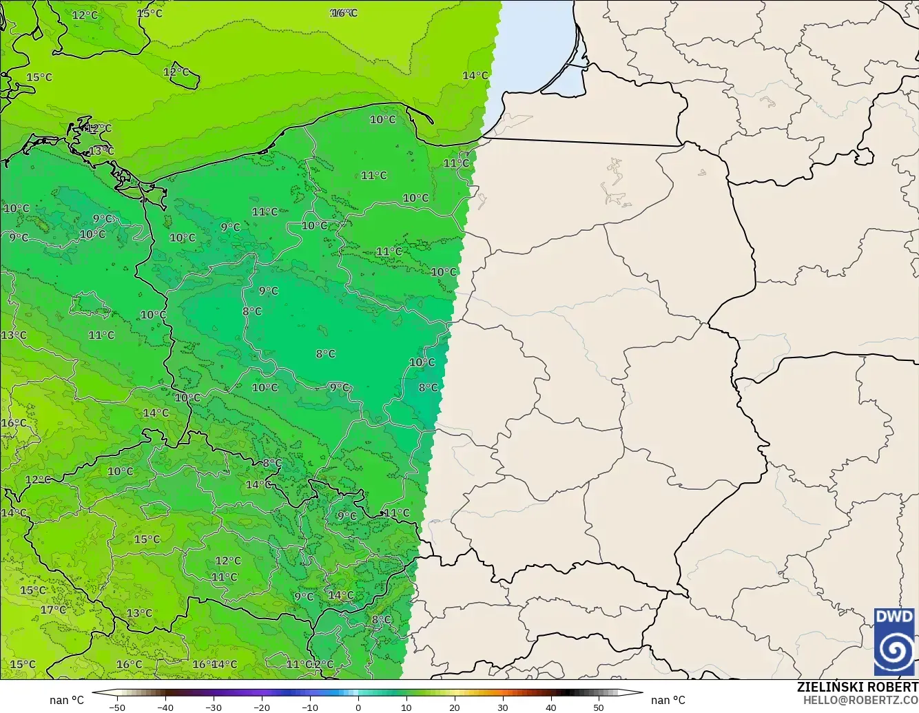 ICON Germany 2 km model - Poland, Dewpoint at 2m