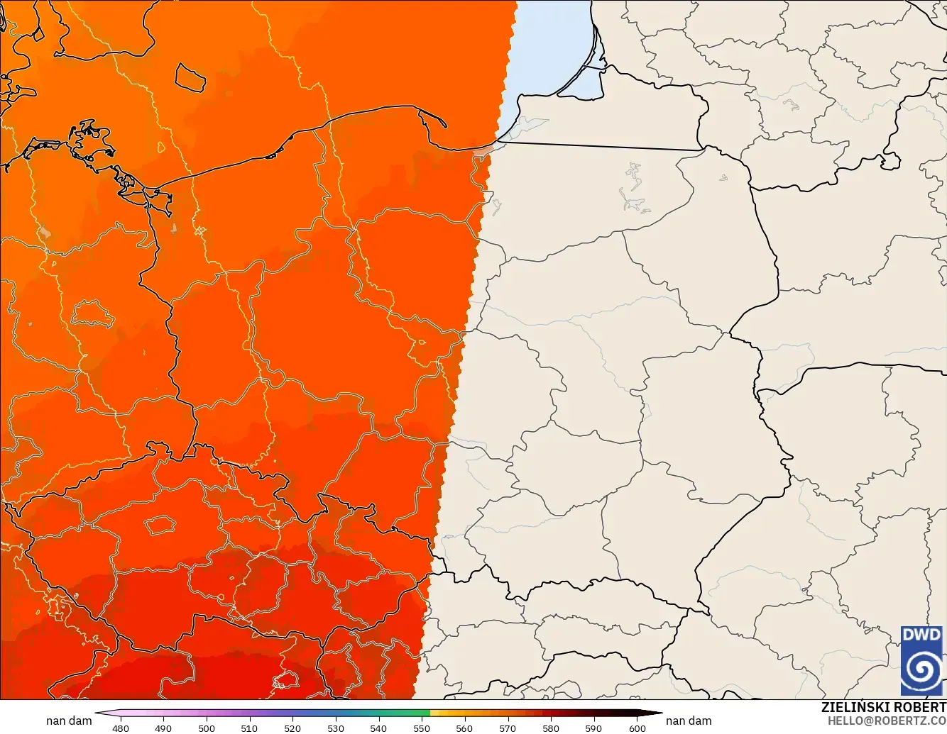 ICON Germany 2 km model - Poland, Geopotential height at 500hPa
