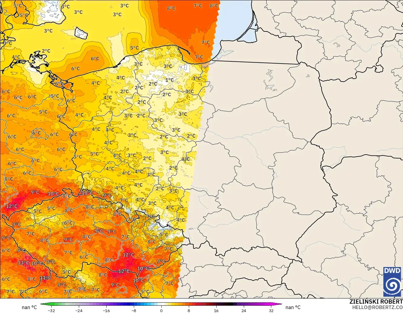 ICON Germany 2 km model - Poland, Temperature at 2m Anomaly