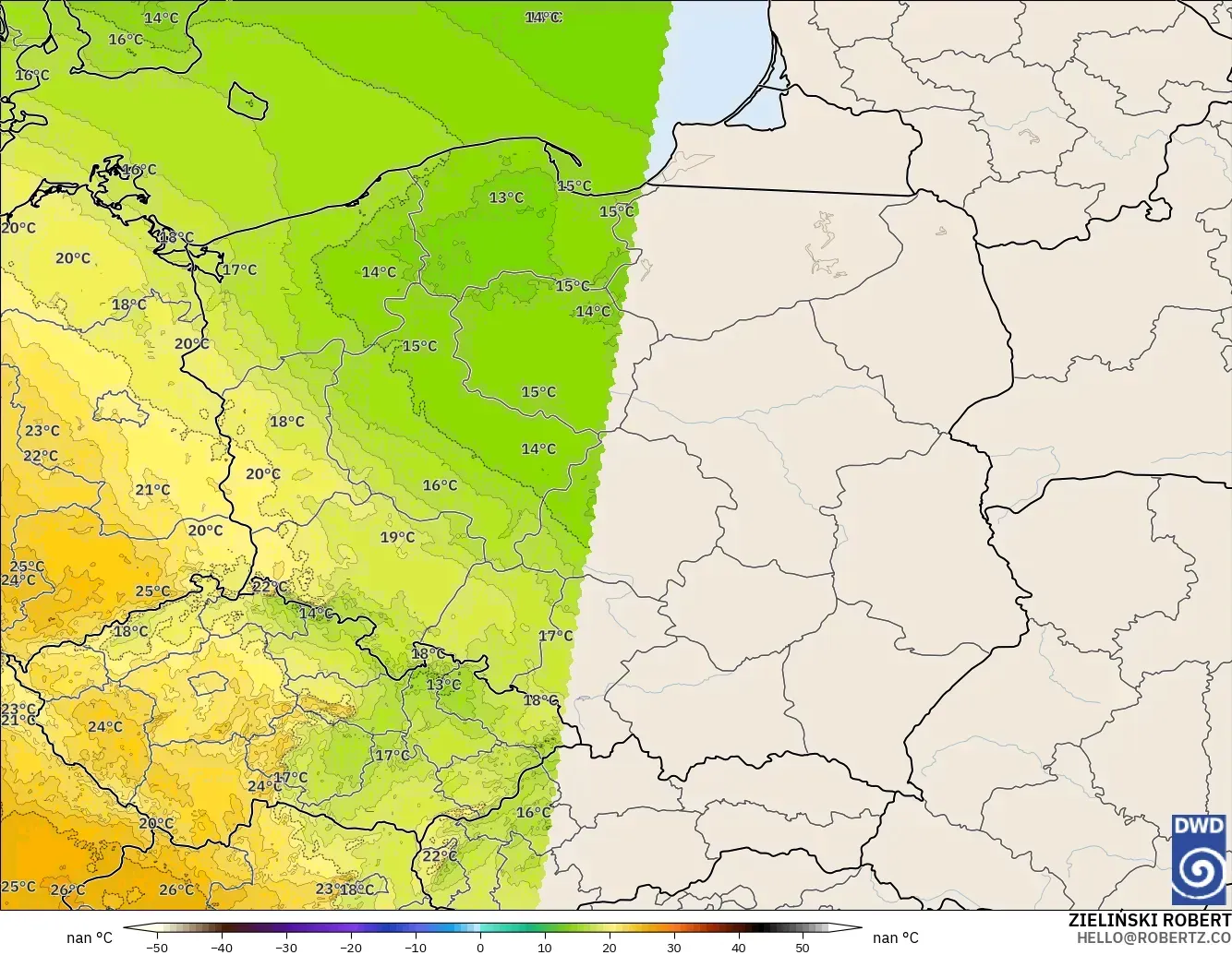 ICON Germany 2 km model - Poland, Temperature at 850hPa