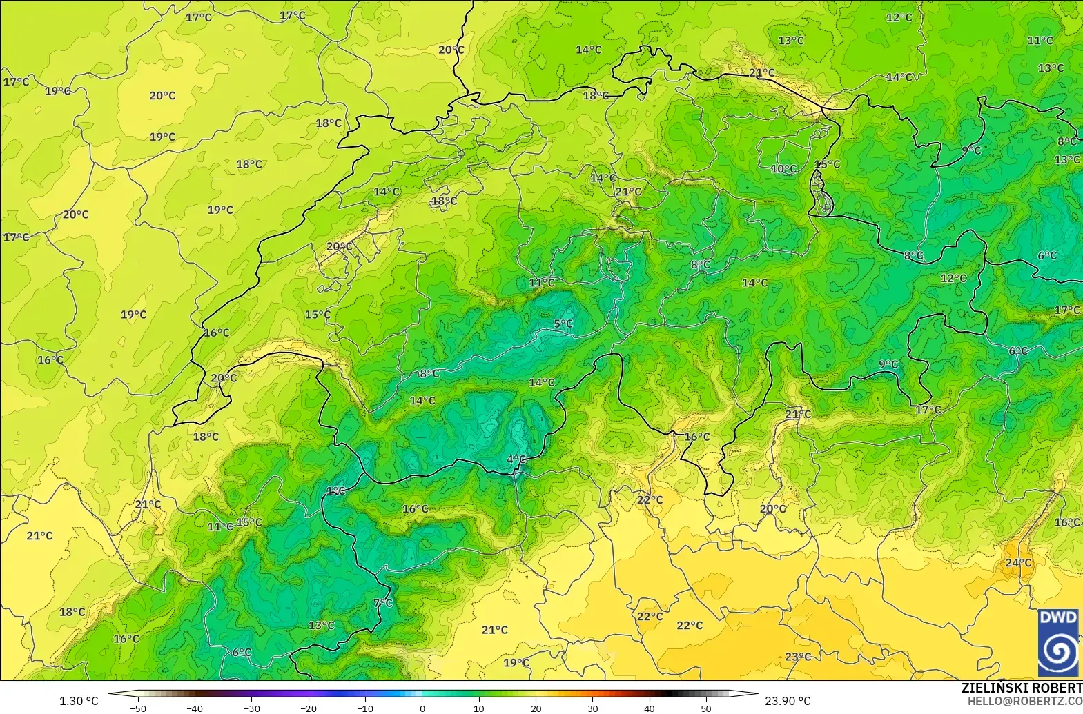 ICON Germany 2 km model - Switzerland, Dewpoint at 2m