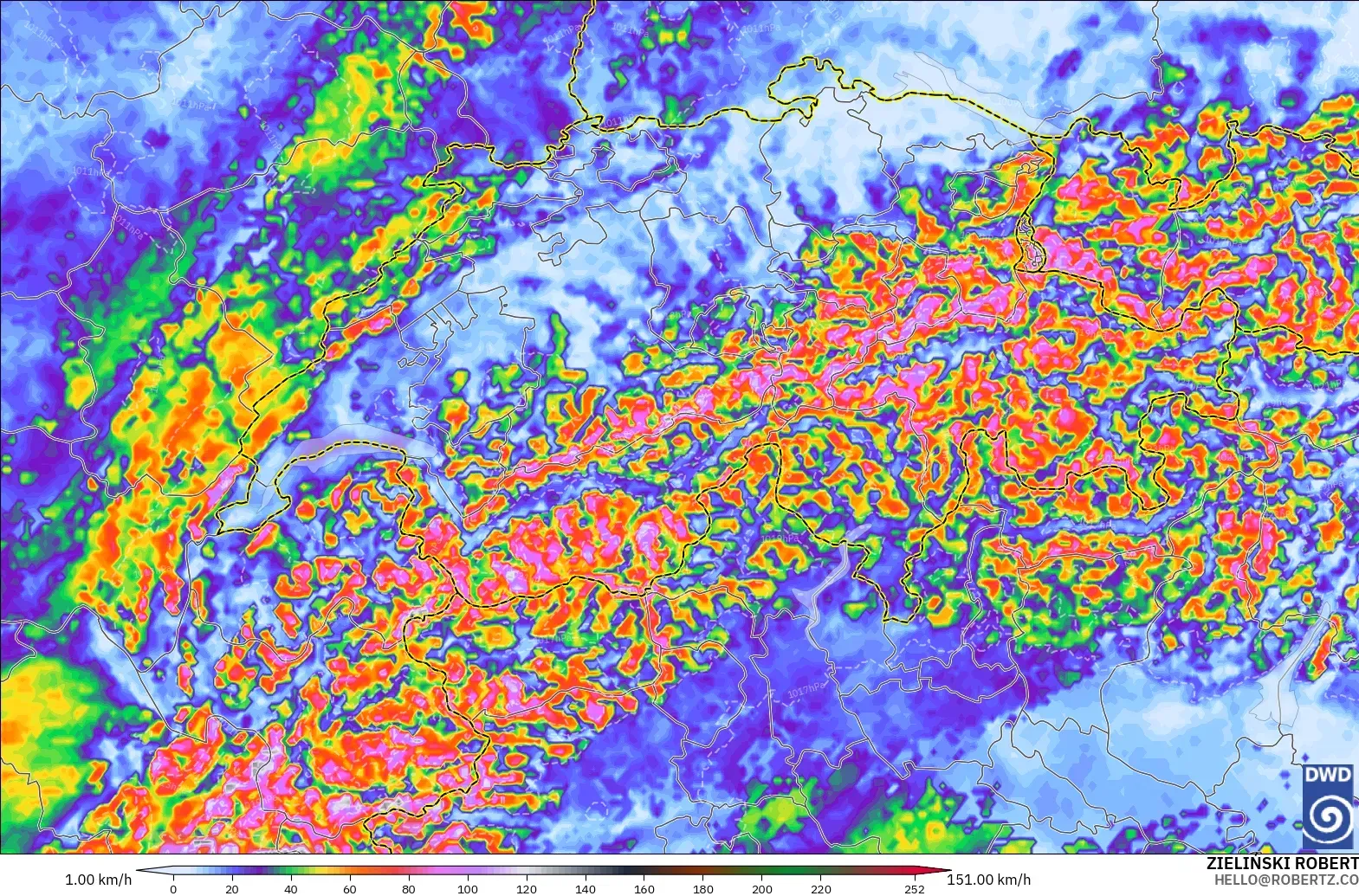 ICON Germany 2 km model - Switzerland, Wind Gusts Peak