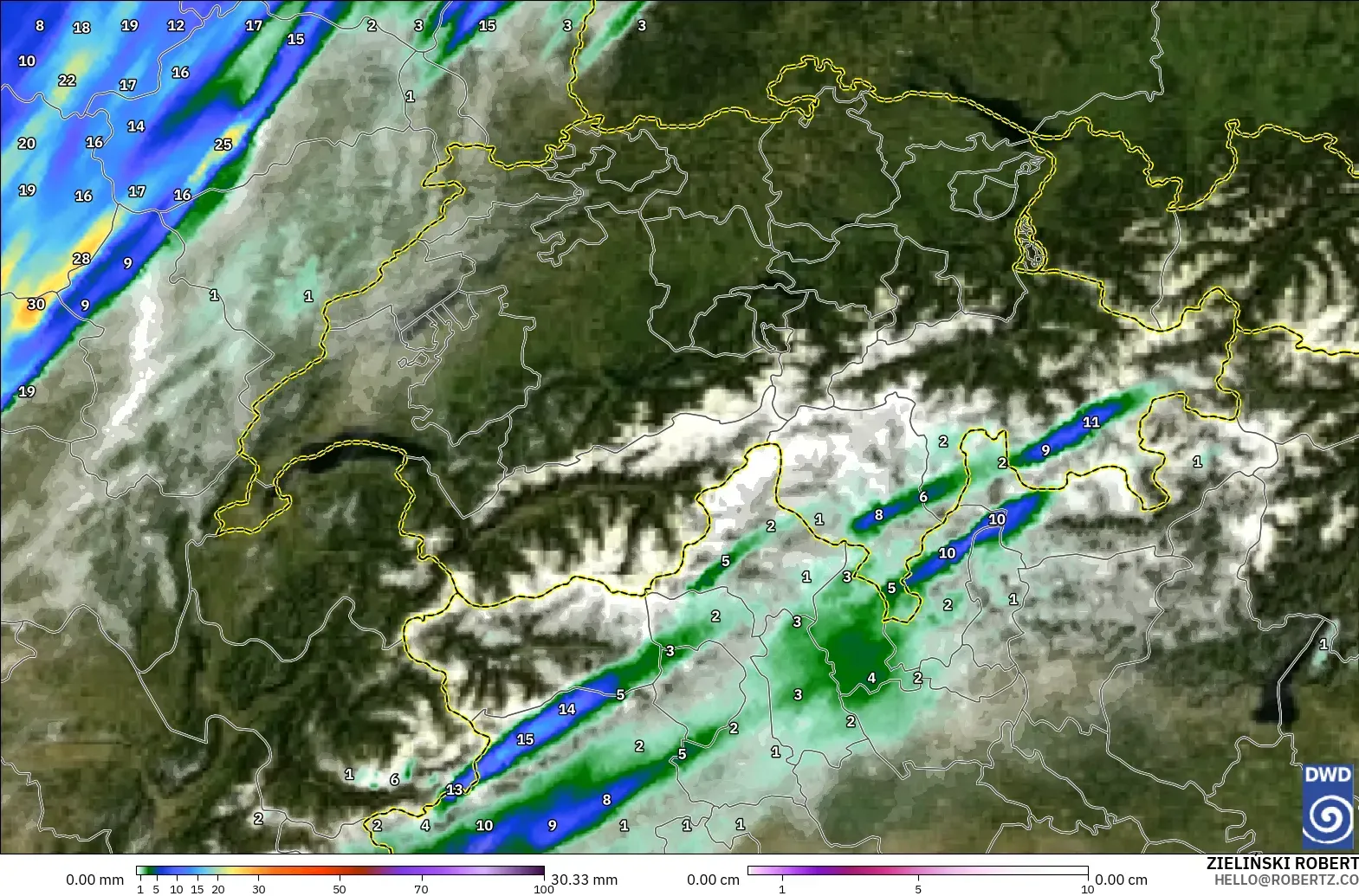 ICON Germany 2 km model - Switzerland, Precipitation, Clouds, and Pressure