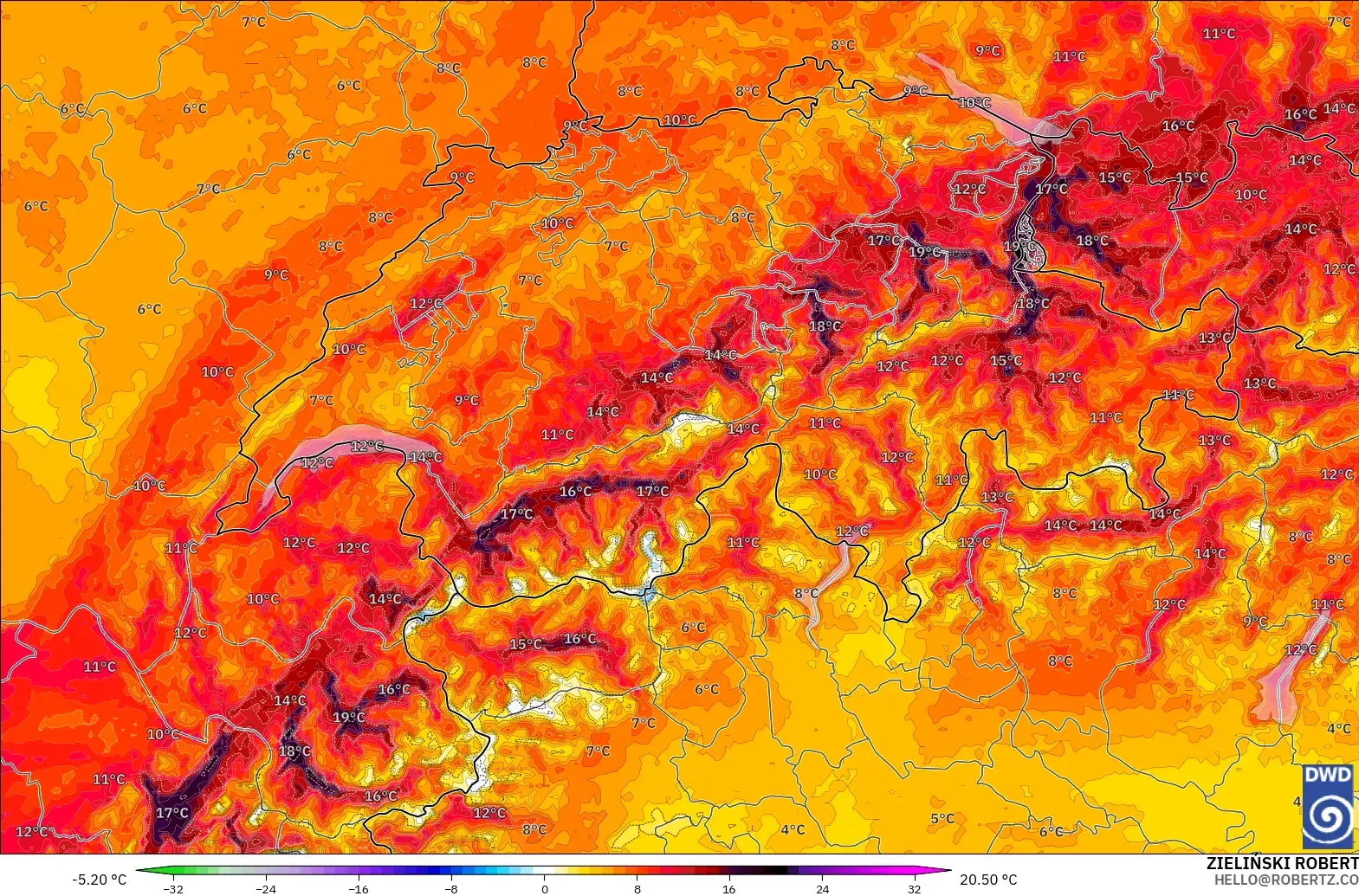 ICON Germany 2 km model - Switzerland, Temperature at 2m Anomaly
