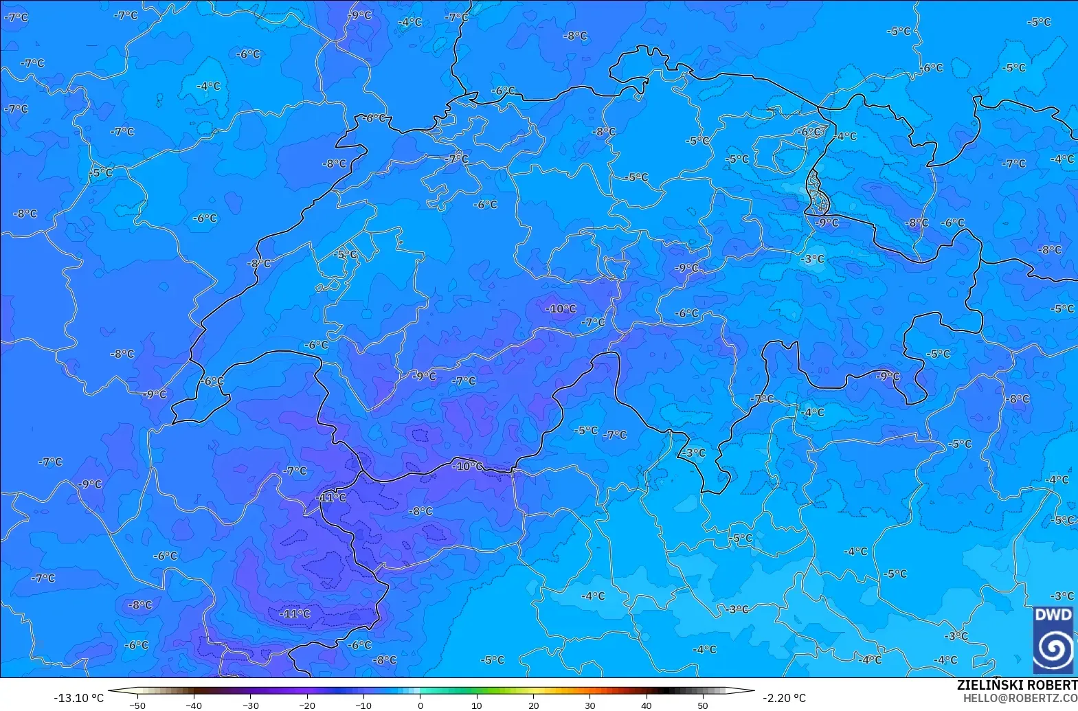 ICON Germany 2 km model - Switzerland, Temperature at 500hPa