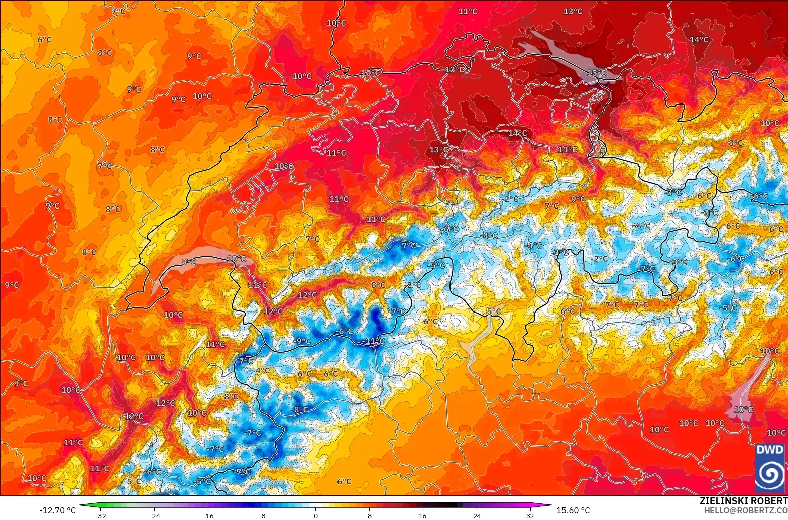 ICON Germany 2 km model - Switzerland, Temperature at 850hPa Anomaly