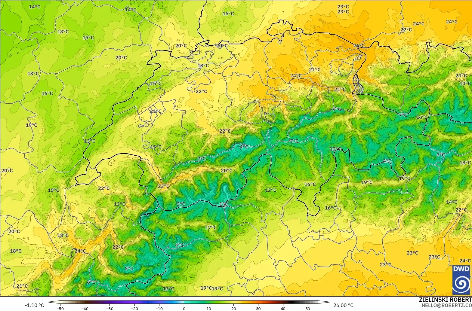 ICON Germany 2 km model - Switzerland, Temperature at 850hPa