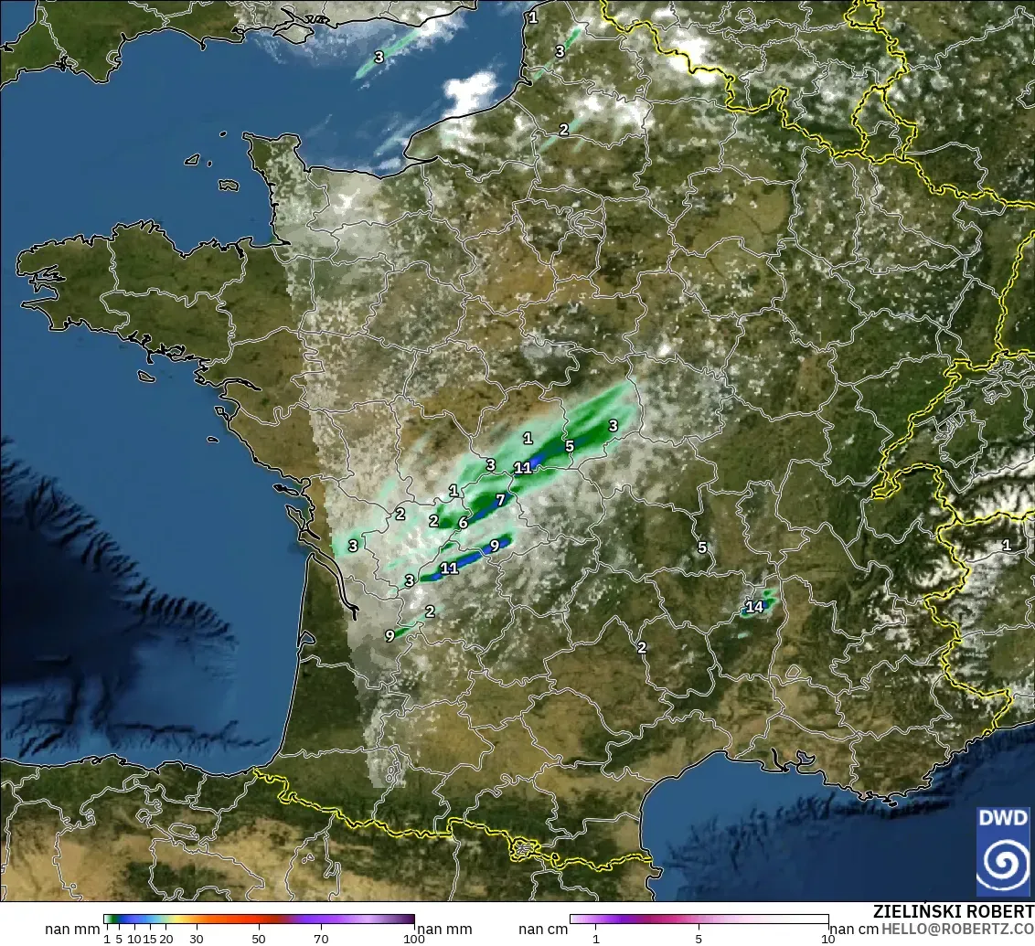 ICON Germany 2 km model - France, Precipitation, Clouds, and Pressure