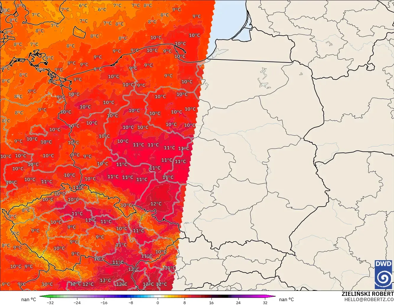 ICON Germany 2 km model - Poland, Temperature at 850hPa Anomaly