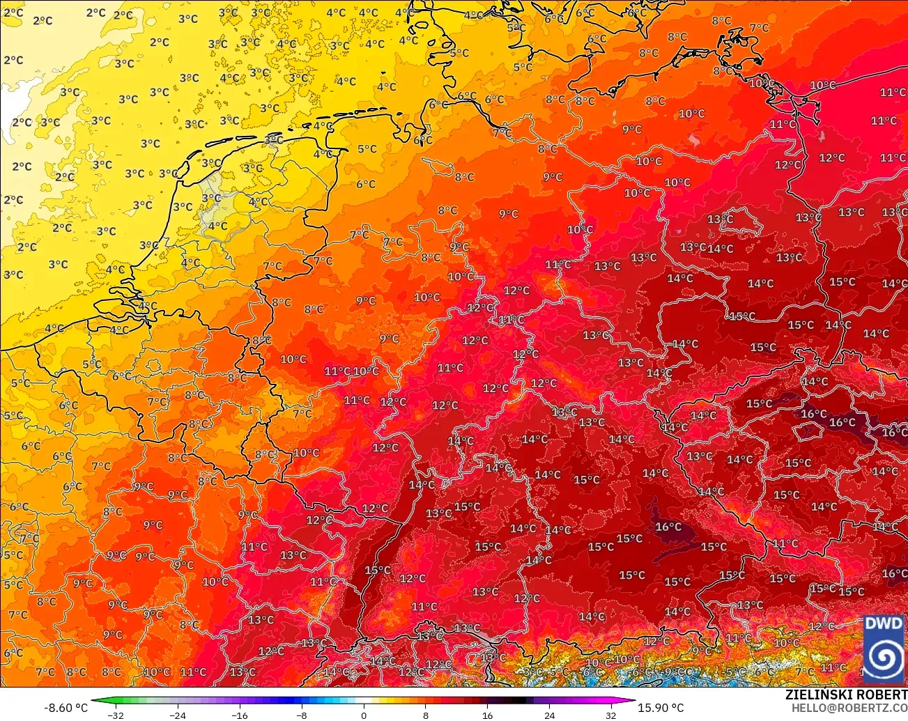 ICON Germany 2 km model - Germany, Temperature at 850hPa Anomaly