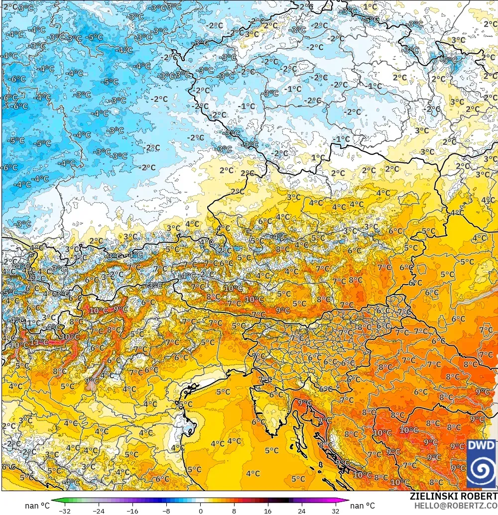 ICON Germany 2 km model - Austria, Temperature at 2m Anomaly
