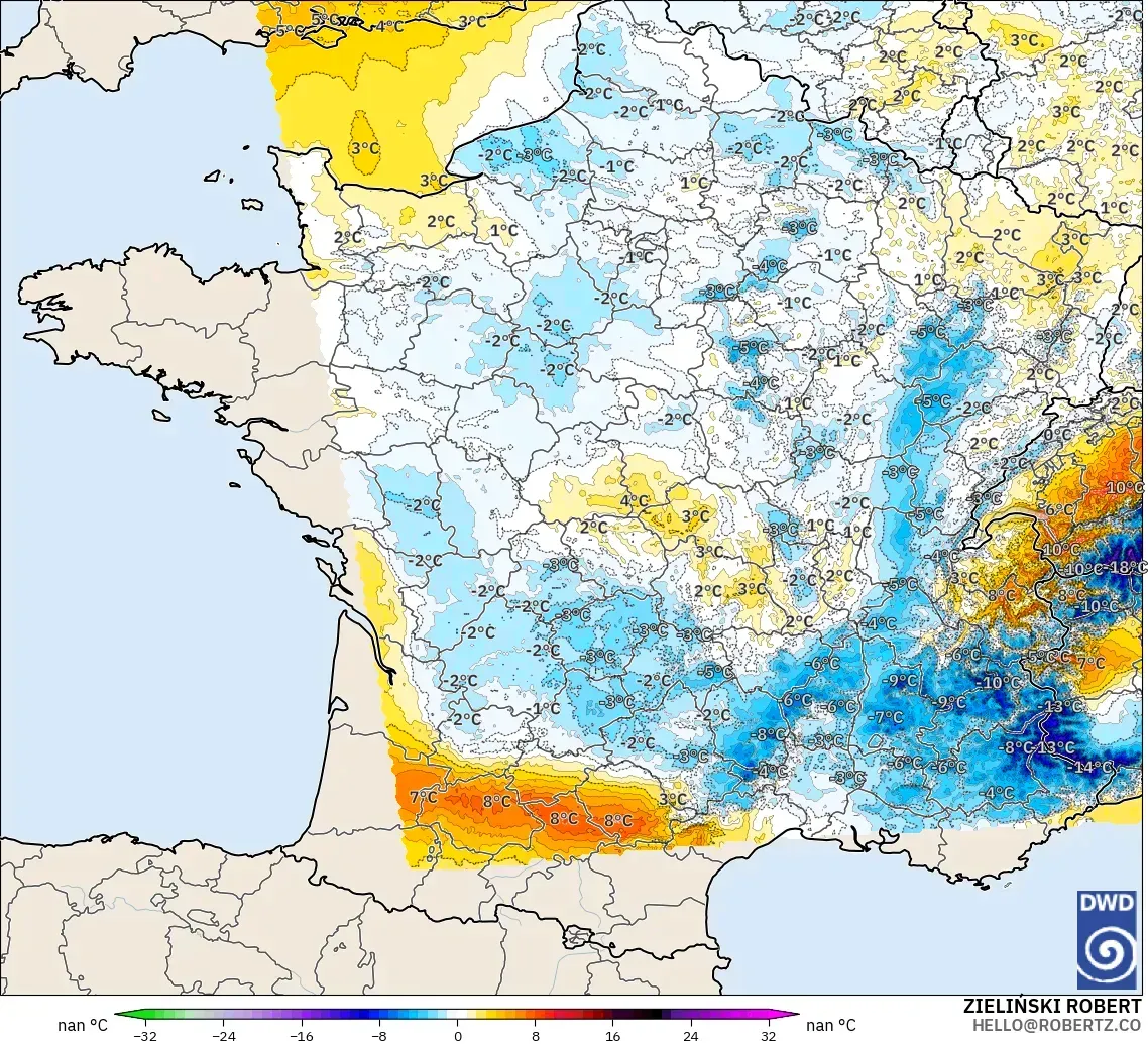 ICON Germany 2 km model - France, Temperature at 2m Anomaly
