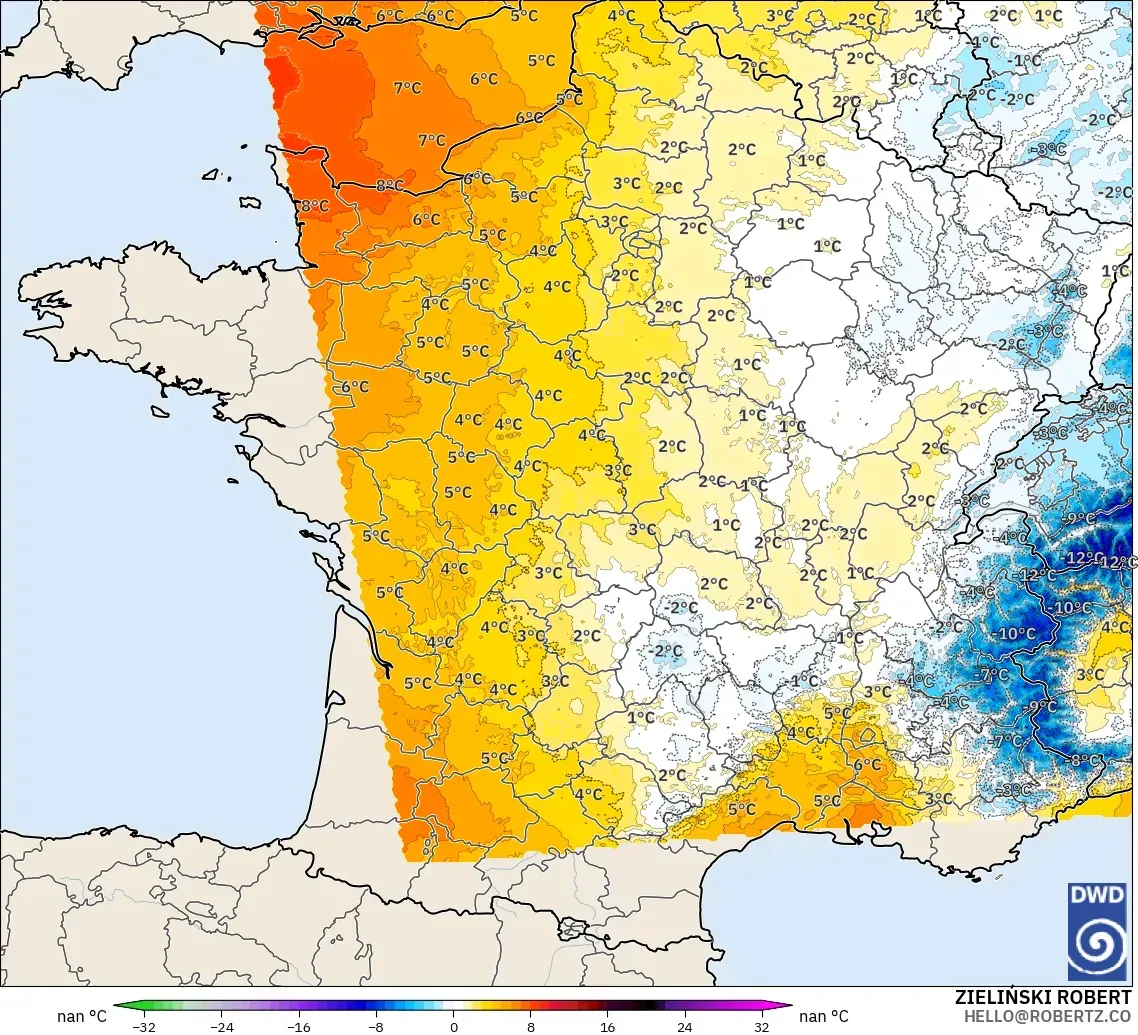 ICON Germany 2 km model - France, Temperature at 850hPa Anomaly
