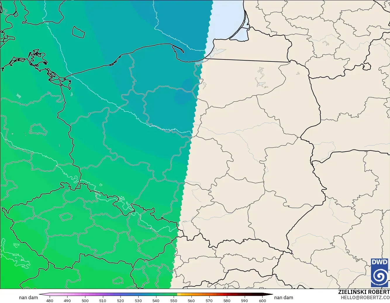 ICON Germany 2 km model - Poland, Geopotential height at 500hPa