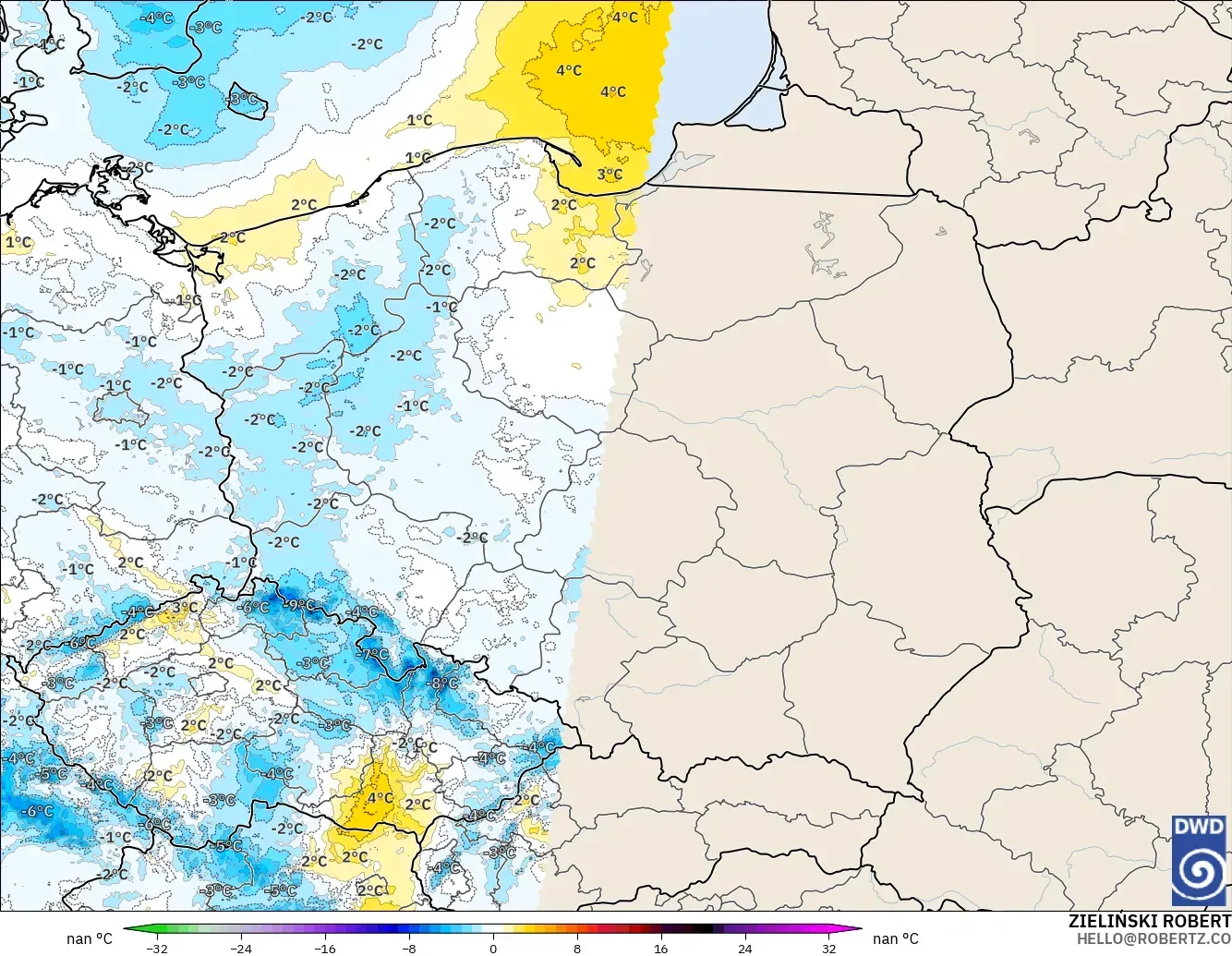 ICON Germany 2 km model - Poland, Temperature at 2m Anomaly