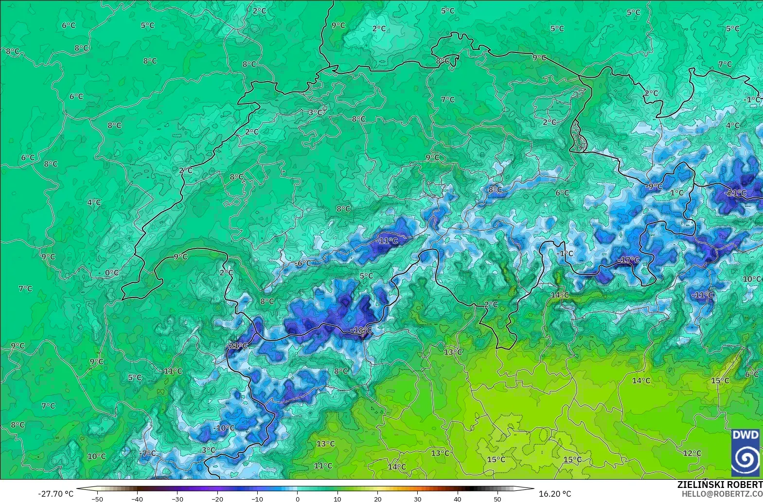 ICON Germany 2 km model - Switzerland, Dewpoint at 2m