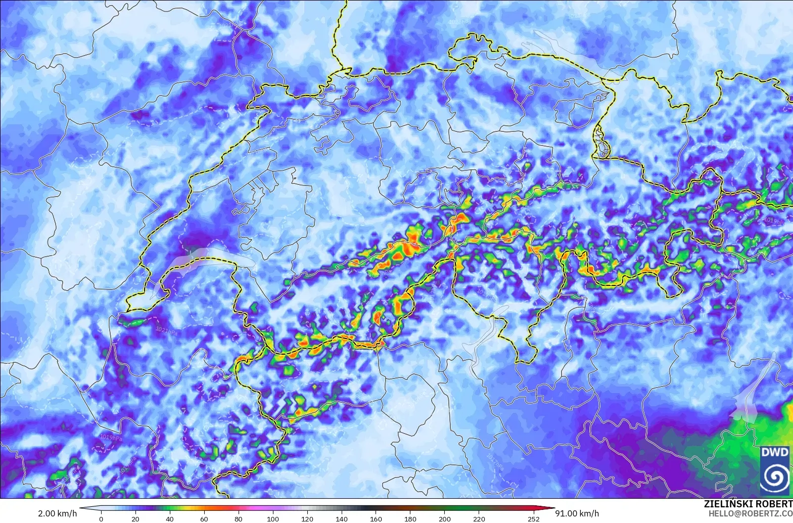 ICON Germany 2 km model - Switzerland, Wind Gusts Peak